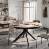 MESA DE COMEDOR EXTENSIBLE 120-160 Cm REDONDA EN CERAMICA Y PATAS METALICAS NEGRAS VESTA