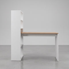 ESCRITORIO EN BLANCO CON ESTANTERIA INTEGRADA Y TABLERO DE ROBLE GISELA