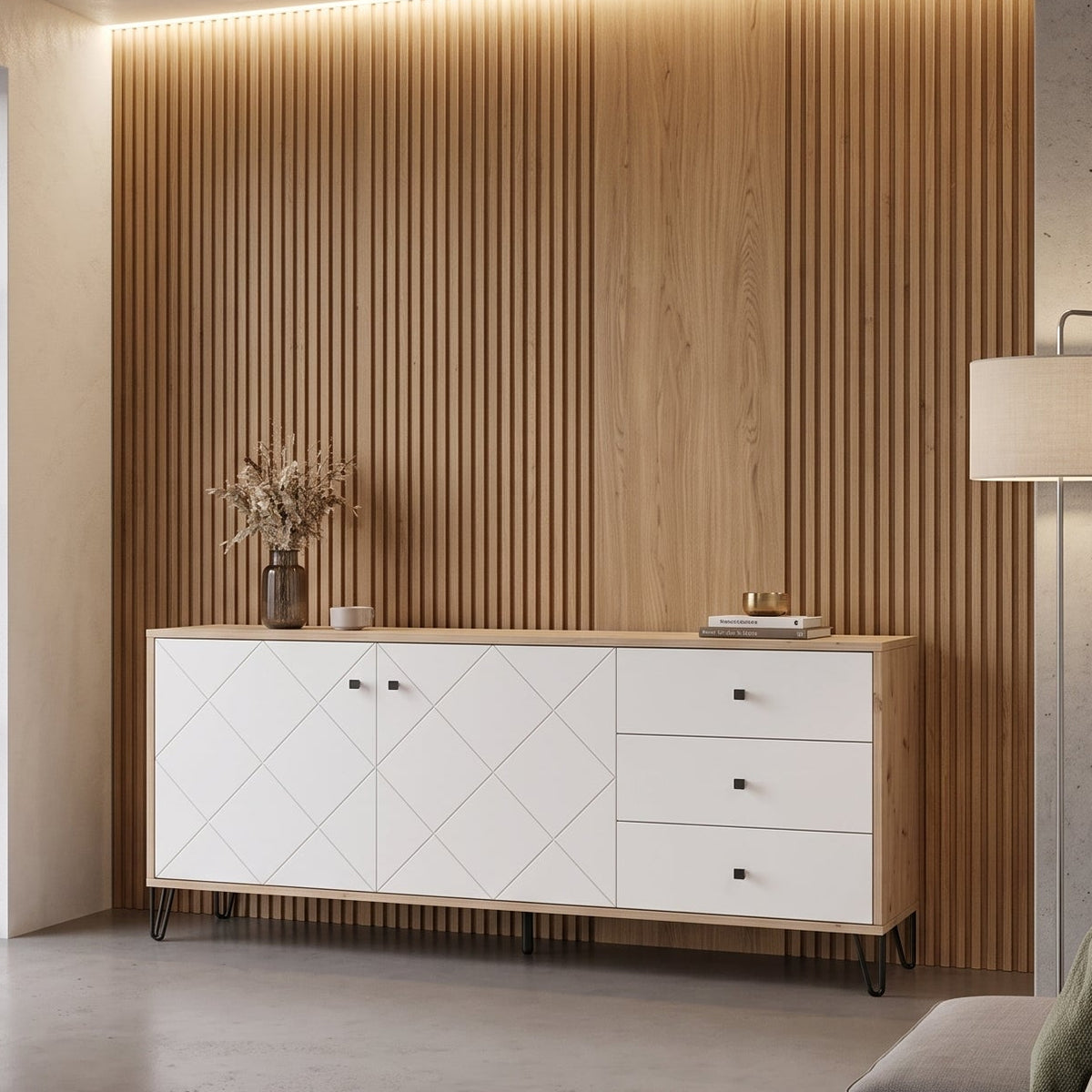 APARADOR RECTANGULAR 183x40cm EN ROBLE ARTISAN Y BLANCO SUECIA