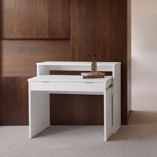 CONSOLA CON  ESCRITORIO EXTRAIBLE EN MDF ROBLE O BLANCO CON CAJON 86x90 Cm YANINA