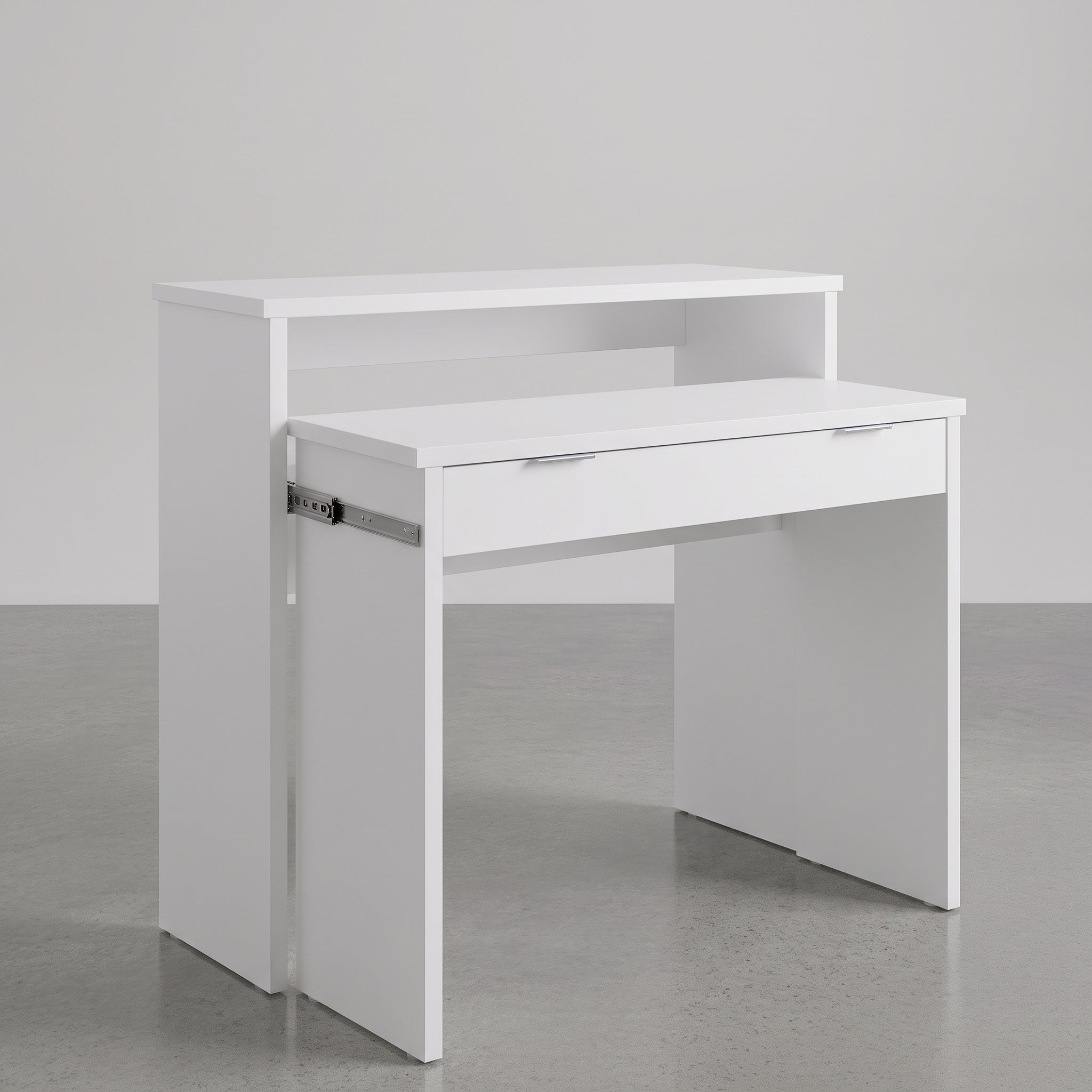 CONSOLA CON  ESCRITORIO EXTRAIBLE EN MDF ROBLE O BLANCO CON CAJON 86x90 Cm YANINA