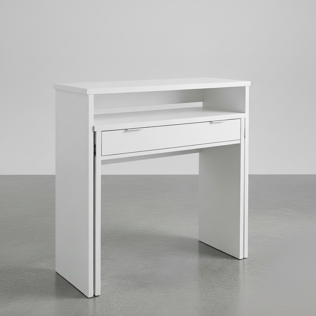 CONSOLA CON  ESCRITORIO EXTRAIBLE EN MDF ROBLE O BLANCO CON CAJON 86x90 Cm YANINA