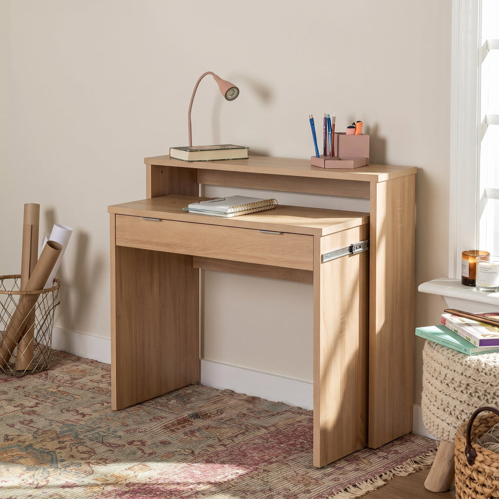 CONSOLA CON  ESCRITORIO EXTRAIBLE EN MDF ROBLE O BLANCO CON CAJON 86x90 Cm YANINA