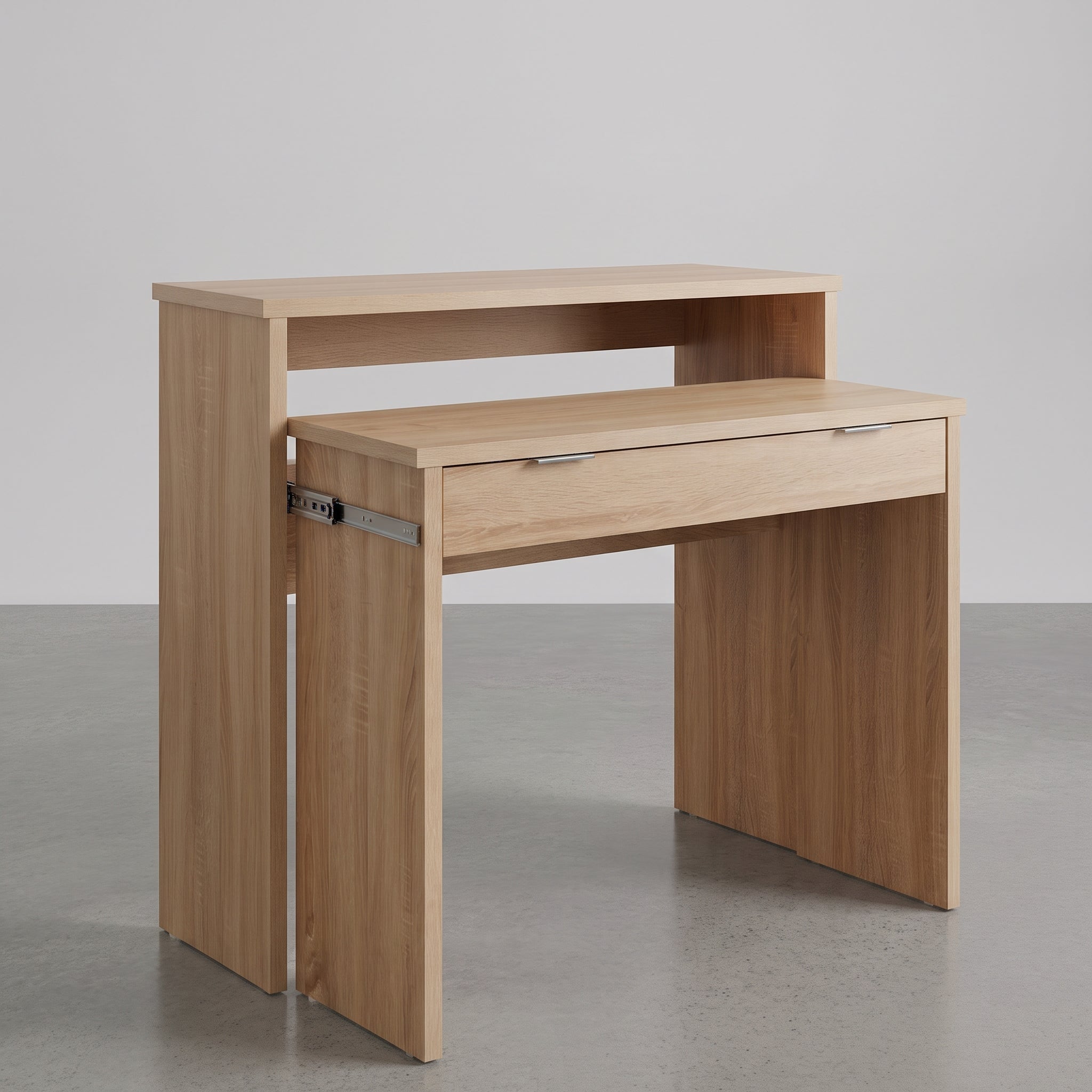 CONSOLA CON  ESCRITORIO EXTRAIBLE EN MDF ROBLE O BLANCO CON CAJON 86x90 Cm YANINA