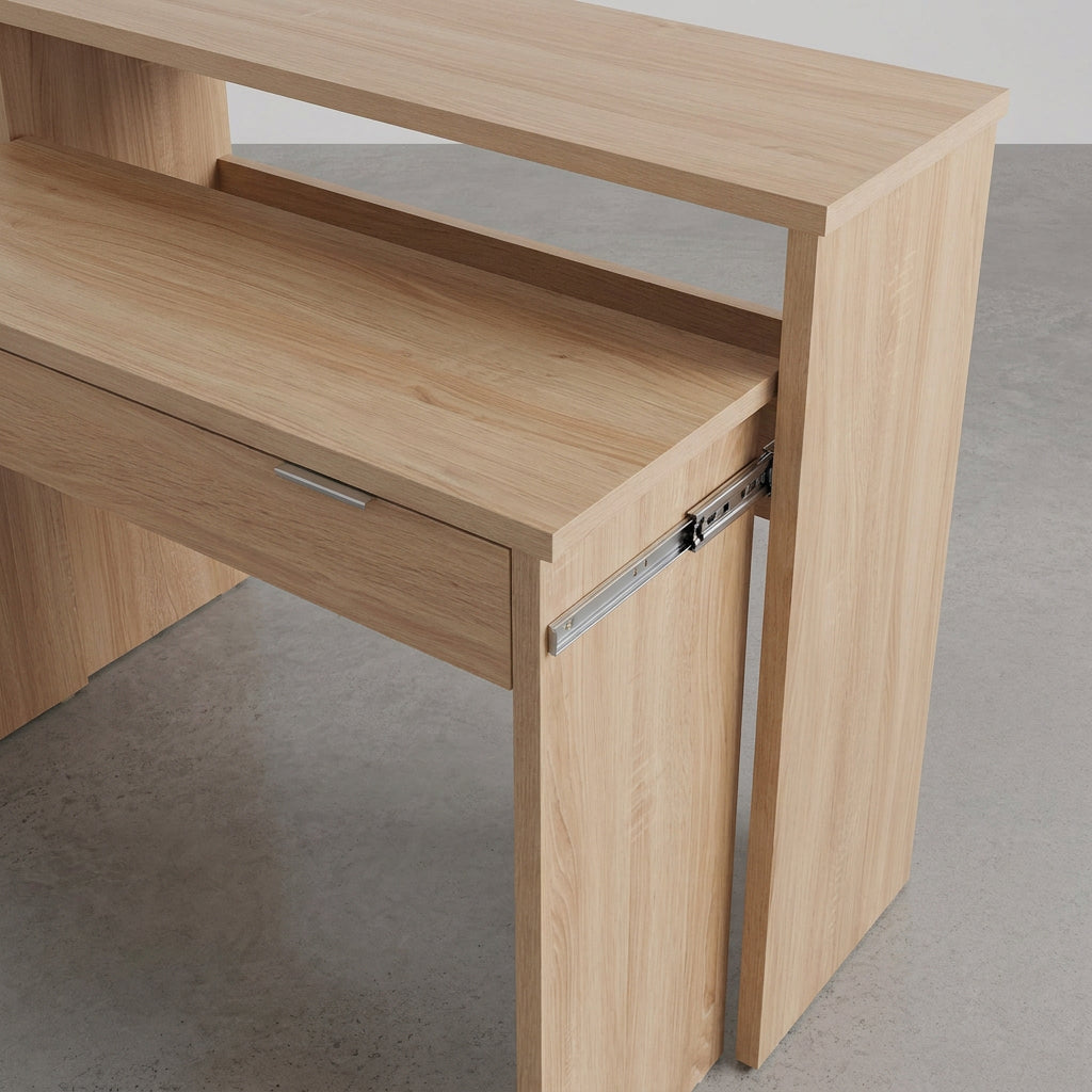 CONSOLA CON  ESCRITORIO EXTRAIBLE EN MDF ROBLE O BLANCO CON CAJON 86x90 Cm YANINA