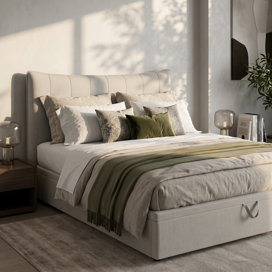 CAMA CON CANAPE ABATIBLE TAPIZADA EN TELA BEIGE NASIRA