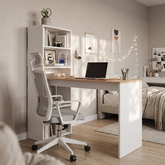 ESCRITORIO EN BLANCO CON ESTANTERIA INTEGRADA Y TABLERO DE ROBLE GISELA