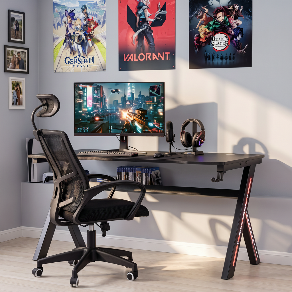 ESCRITORIO GAMING MDF NEGRO 160x60 Cm Y PATAS METALICAS NEGRAS MELIDE