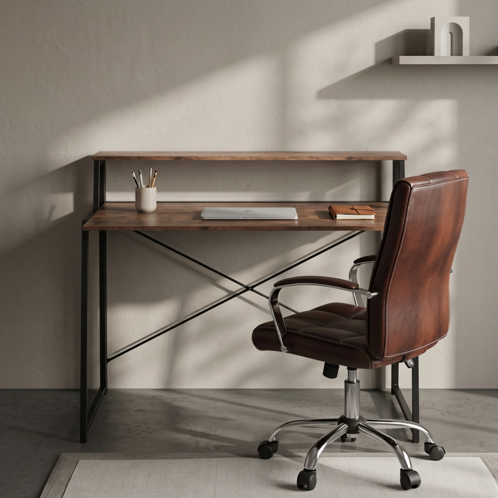 ESCRITORIO PLEGABLE 120x62 Cm EN ACERO NEGRO Y MDF ROBLE ENVEJECIDO GARONA