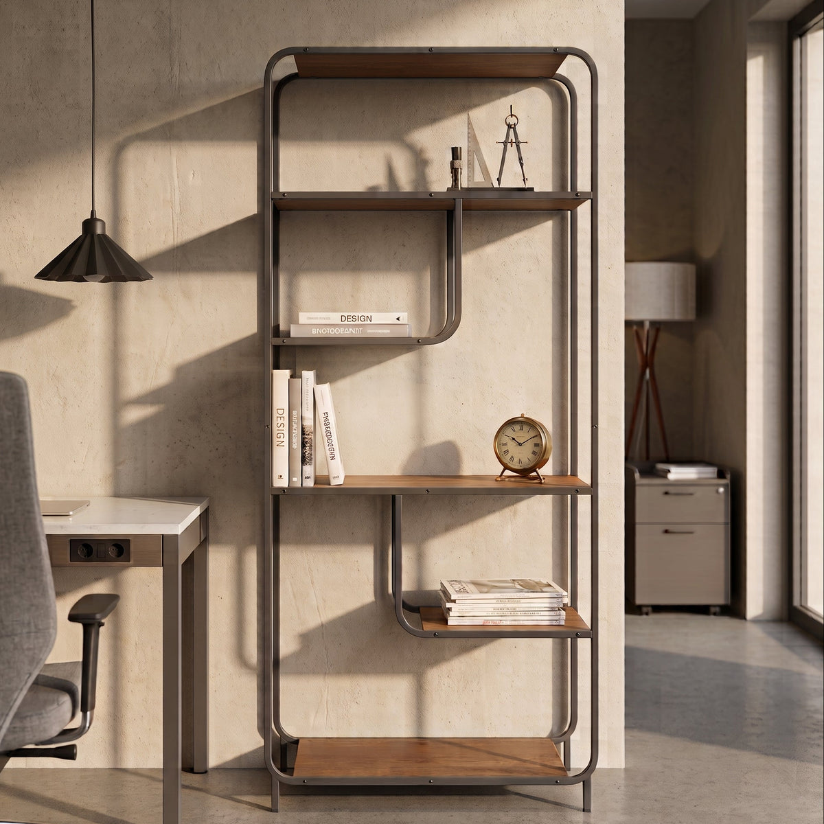 ESTANTERIA MODULAR DE PARED 174x80 cm EN MADERA NOGAL Y ACERO NEGRO SAKAY
