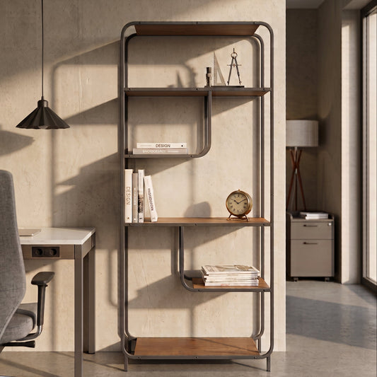 ESTANTERIA MODULAR DE PARED 174x80 cm EN MADERA NOGAL Y ACERO NEGRO SAKAY
