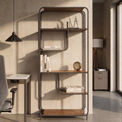 ESTANTERIA MODULAR DE PARED 174x80 cm EN MADERA NOGAL Y ACERO NEGRO SAKAY