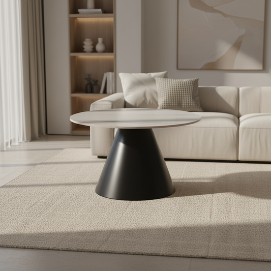 MESA DE CENTRO REDONDA (Ø70 Cm) CON BASE METAL NEGRO Y EFECTO MARMOL DALY