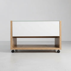 MESA DE CENTRO EN ROBLE ARTISAN Y VIDRIO MOULING