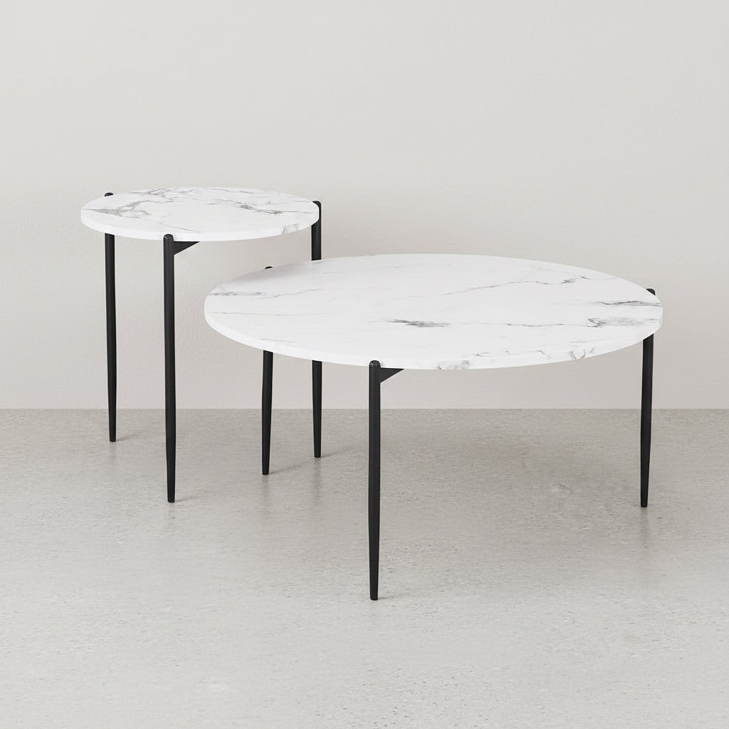 SET 2 MESAS DE CENTRO EN MDF MARMOL TURIN (Ø80 Cm - Ø50 Cm)
