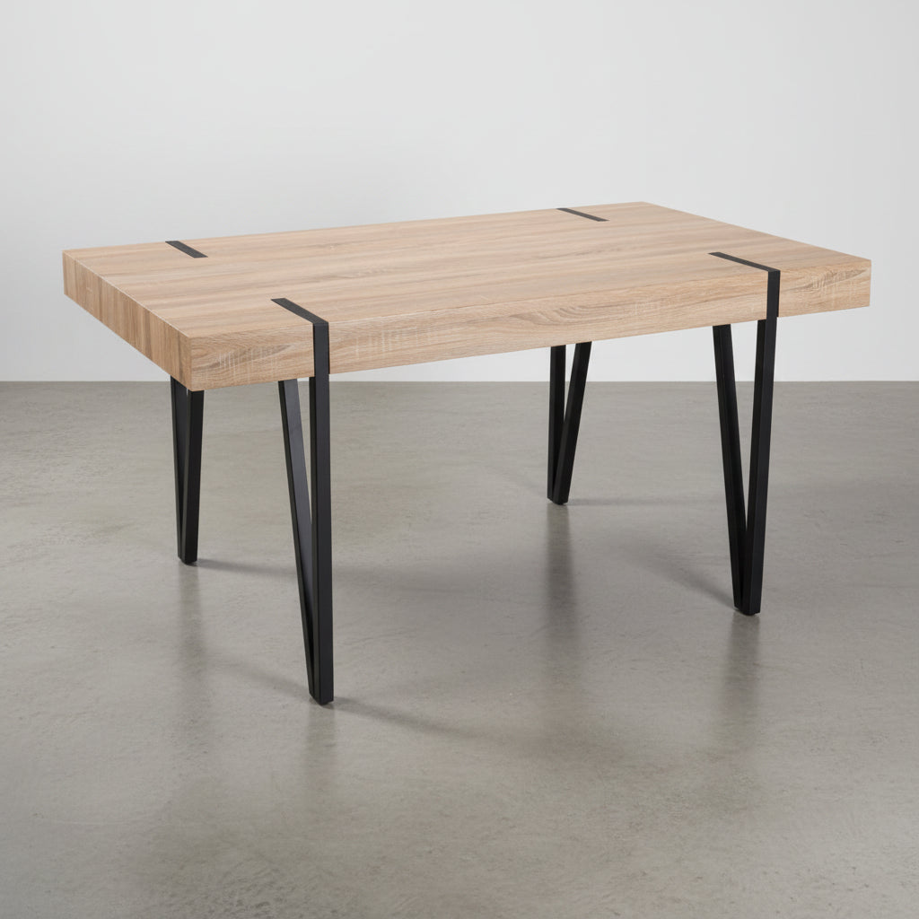 MESA DE COMEDOR RECTANGULAR 150X90 Cm MDF ROBLE PATAS METALICAS ATENEA
