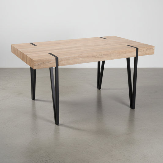 MESA DE COMEDOR RECTANGULAR 150X90 Cm MDF ROBLE PATAS METALICAS ATENEA