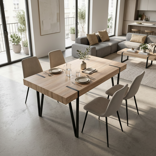 MESA DE COMEDOR RECTANGULAR 150X90 Cm MDF ROBLE PATAS METALICAS ATENEA