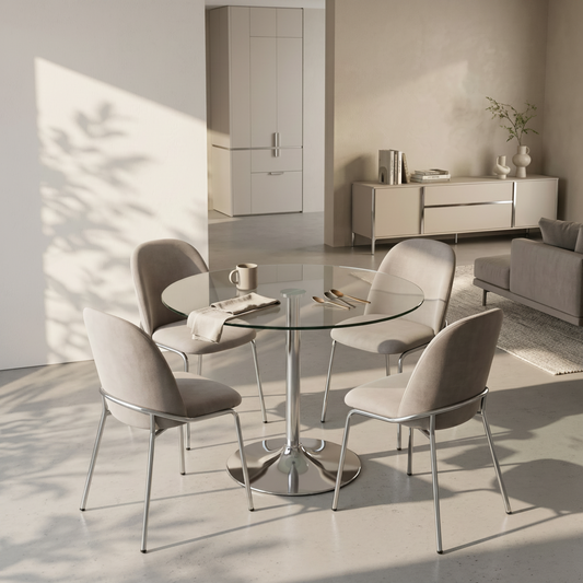 MESA DE COMEDOR REDONDA EN VIDRIO Y METAL RUNA (Ø90 Cm)