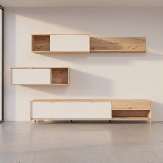 MUEBLE SALÓN 3 MODULOS EN ROBLE ARTISAN Y BLANCO BERGEN