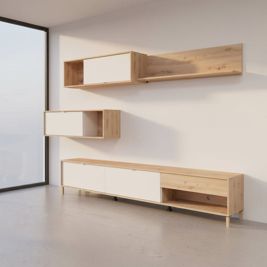 MUEBLE SALÓN 3 MODULOS EN ROBLE ARTISAN Y BLANCO BERGEN