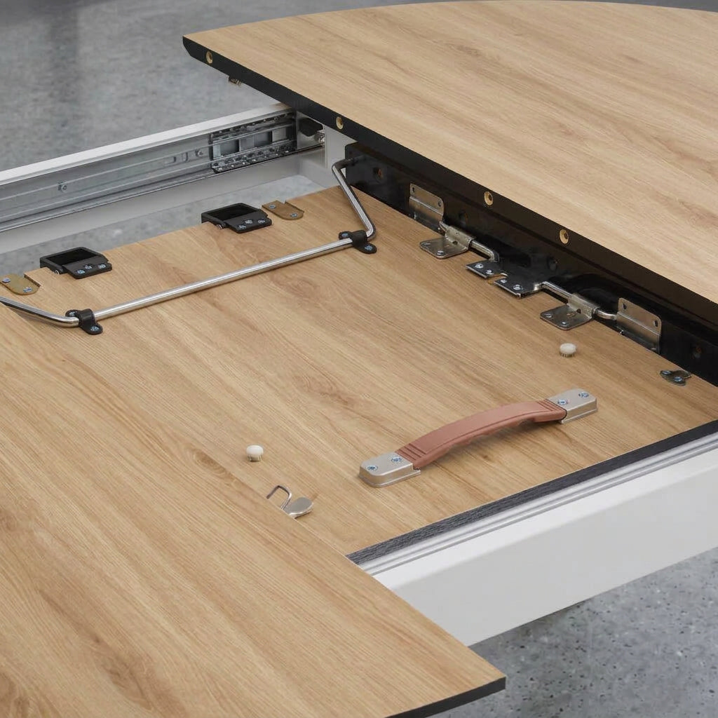 MESA DE COMEDOR EXTENSIBLE 110-150 Cm REDONDA EN MDF ROBLE ARTISAN Y PATAS METALICAS GARENA