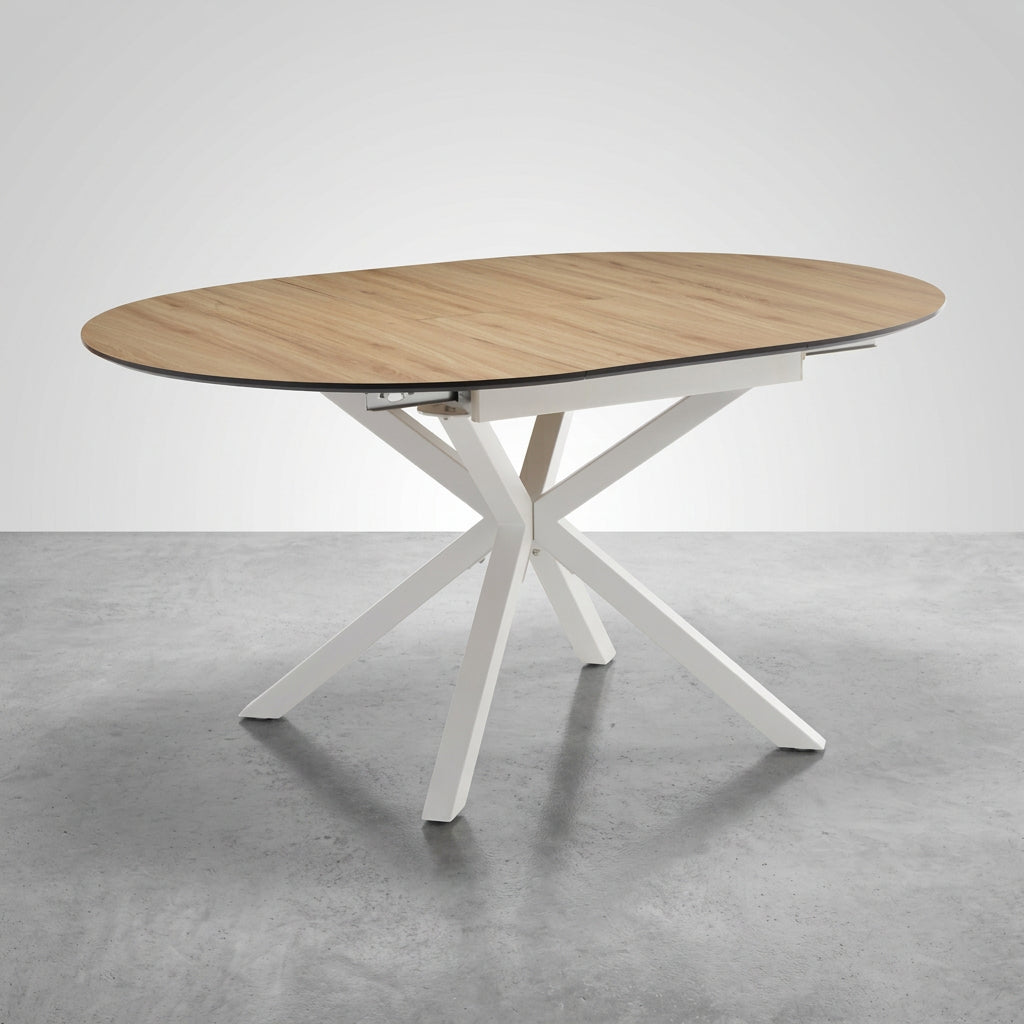 MESA DE COMEDOR EXTENSIBLE 110-150 Cm REDONDA EN MDF ROBLE ARTISAN Y PATAS METALICAS GARENA