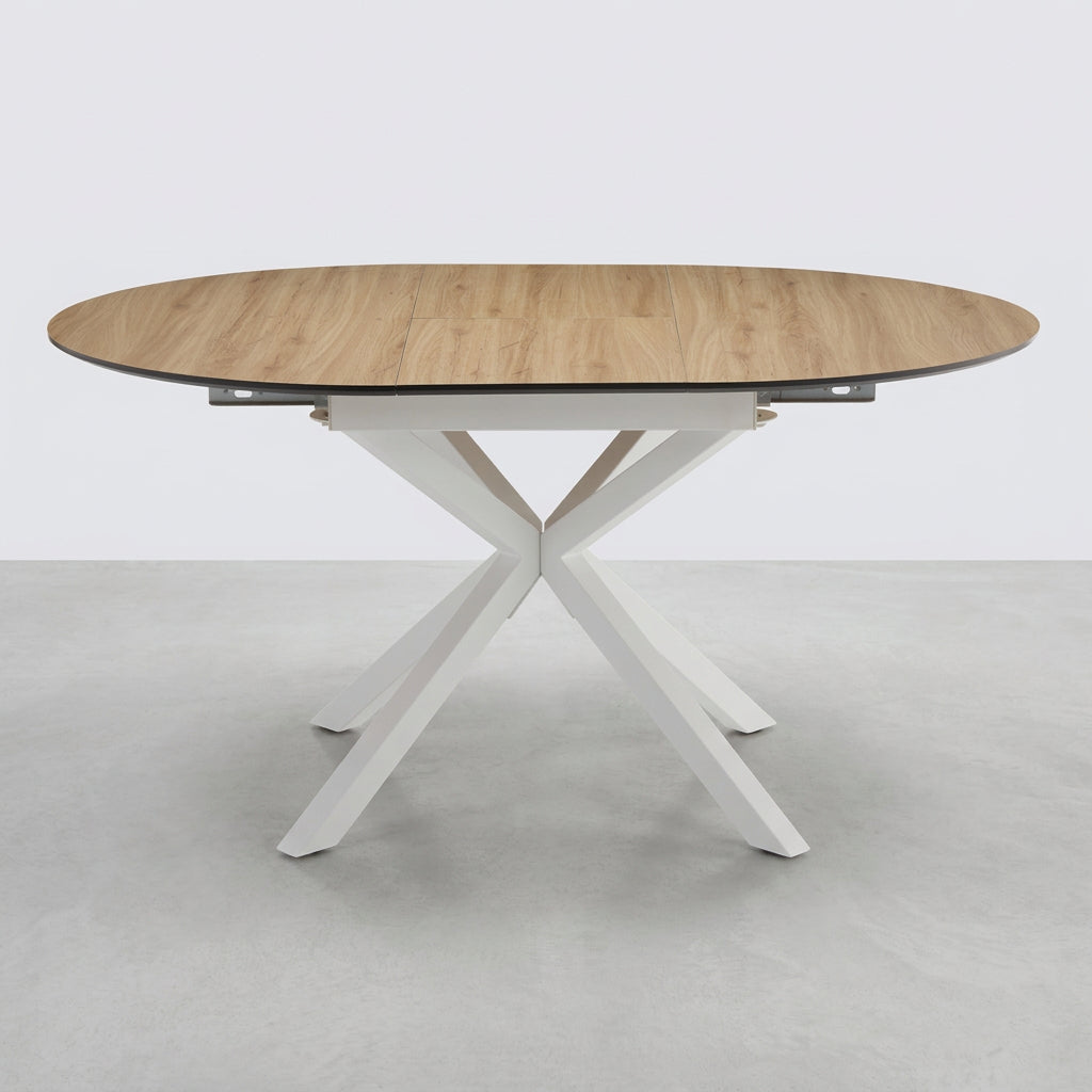 MESA DE COMEDOR EXTENSIBLE 110-150 Cm REDONDA EN MDF ROBLE ARTISAN Y PATAS METALICAS GARENA
