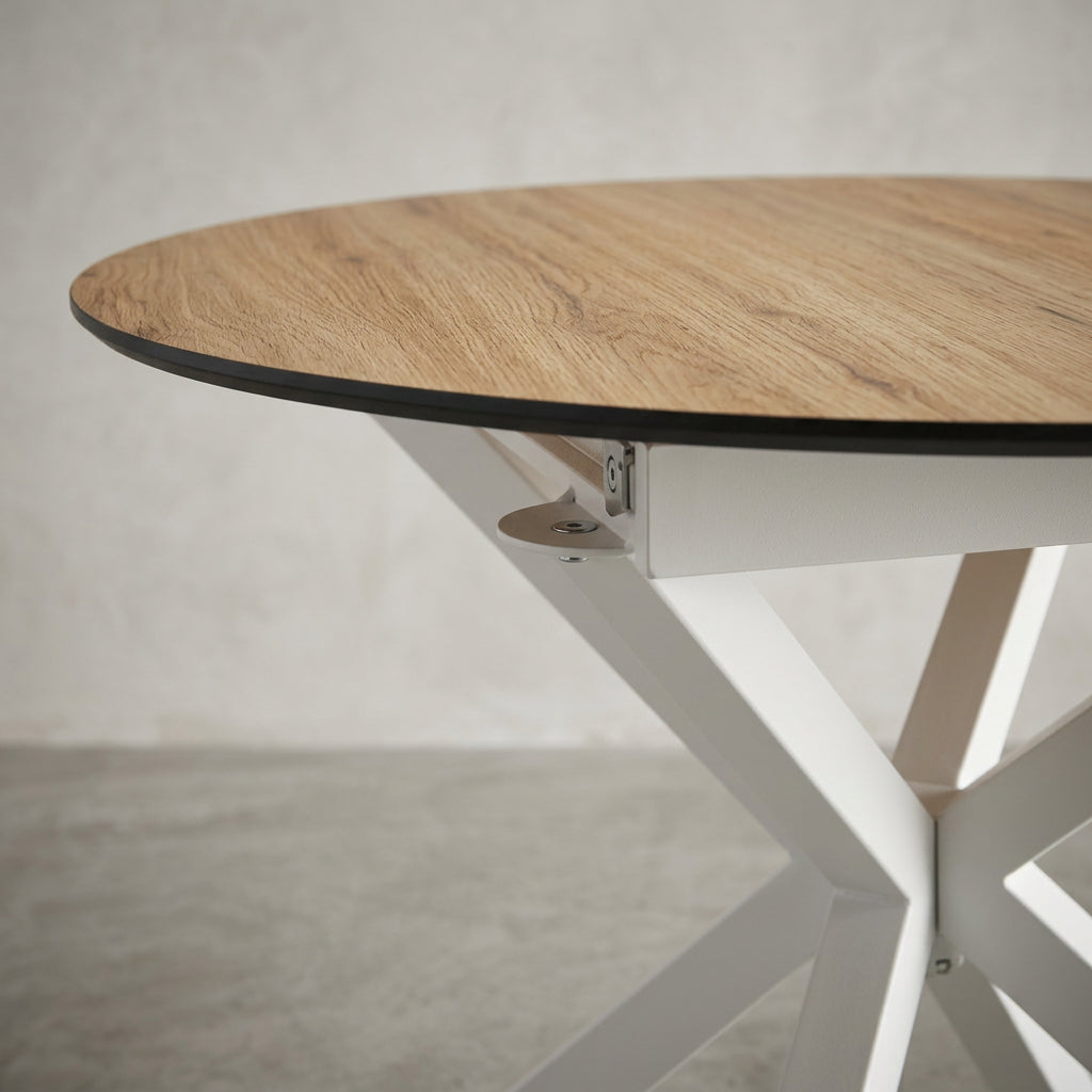 MESA DE COMEDOR EXTENSIBLE 110-150 Cm REDONDA EN MDF ROBLE ARTISAN Y PATAS METALICAS GARENA