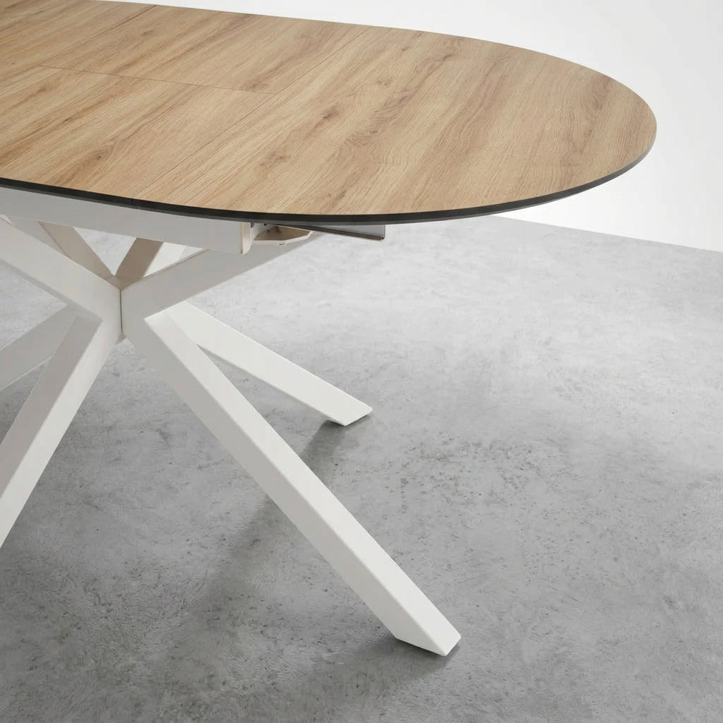 MESA DE COMEDOR EXTENSIBLE 110-150 Cm REDONDA EN MDF ROBLE ARTISAN Y PATAS METALICAS GARENA