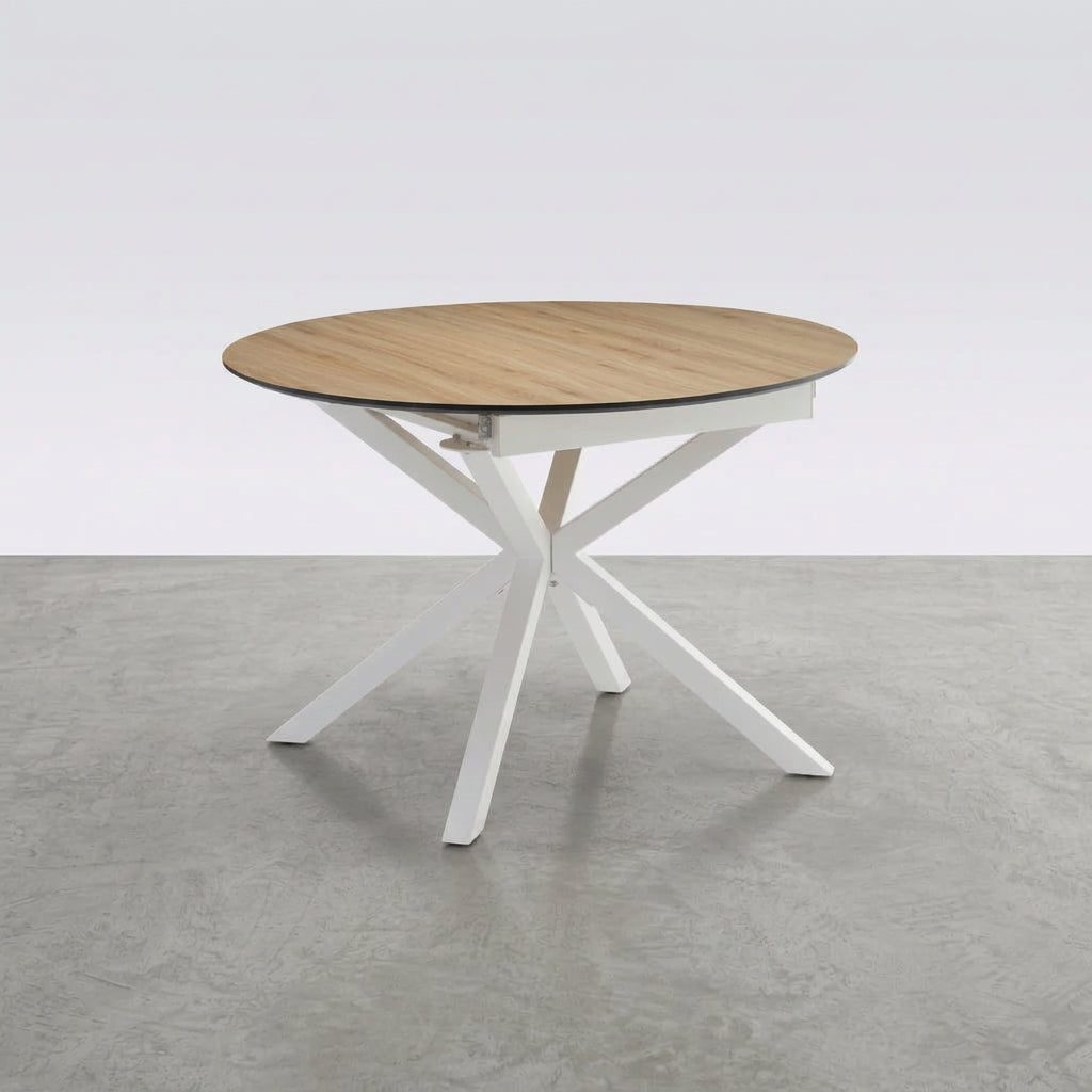 MESA DE COMEDOR EXTENSIBLE 110-150 Cm REDONDA EN MDF ROBLE ARTISAN Y PATAS METALICAS GARENA