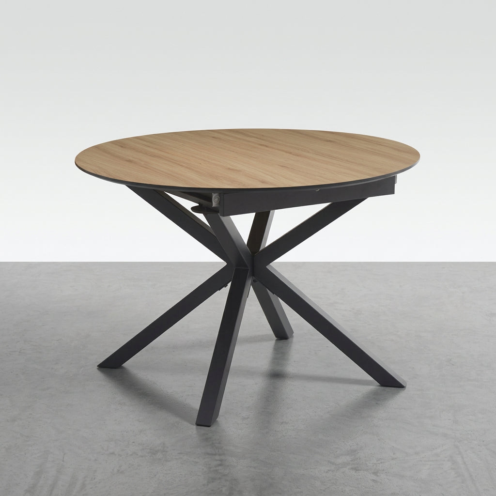 MESA DE COMEDOR EXTENSIBLE 110-150 Cm REDONDA EN MDF ROBLE ARTISAN Y PATAS METALICAS GARENA
