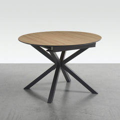 MESA DE COMEDOR EXTENSIBLE 110-150 Cm REDONDA EN MDF ROBLE ARTISAN Y PATAS METALICAS GARENA
