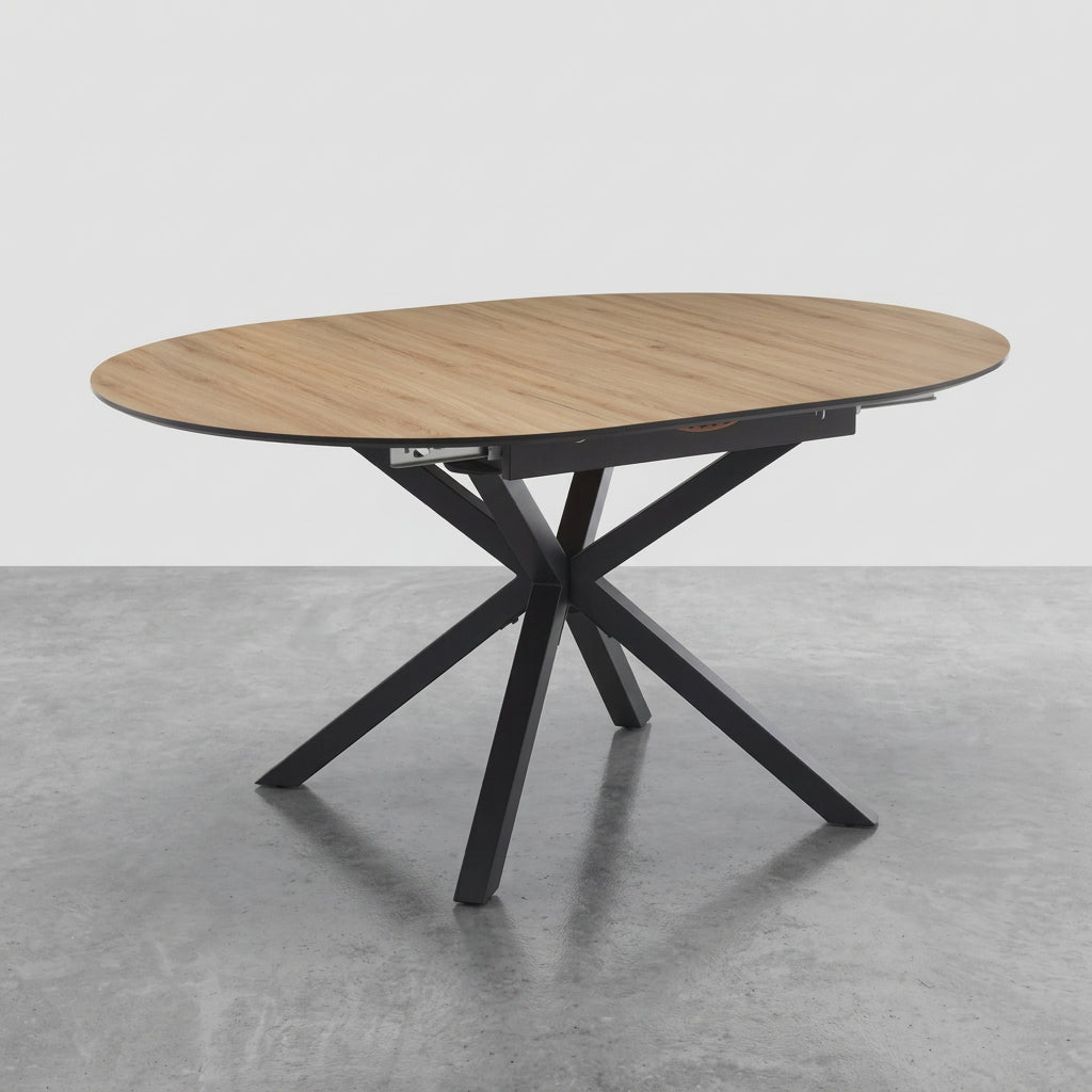 MESA DE COMEDOR EXTENSIBLE 110-150 Cm REDONDA EN MDF ROBLE ARTISAN Y PATAS METALICAS GARENA
