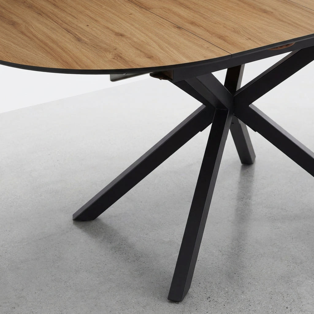 MESA DE COMEDOR EXTENSIBLE 110-150 Cm REDONDA EN MDF ROBLE ARTISAN Y PATAS METALICAS GARENA
