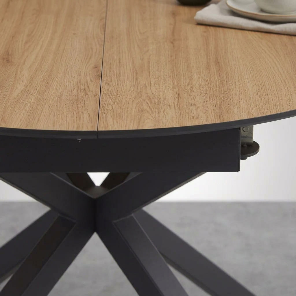 MESA DE COMEDOR EXTENSIBLE 110-150 Cm REDONDA EN MDF ROBLE ARTISAN Y PATAS METALICAS GARENA