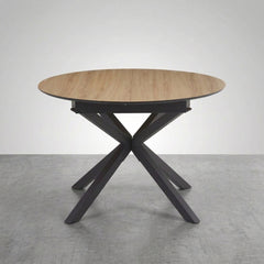 MESA DE COMEDOR EXTENSIBLE 110-150 Cm REDONDA EN MDF ROBLE ARTISAN Y PATAS METALICAS GARENA