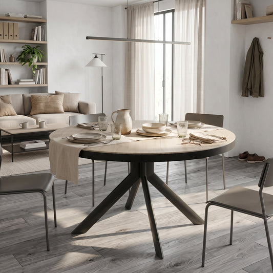 MESA DE COMEDOR EXTENSIBLE 120-160 Cm REDONDA EN CERAMICA Y PATAS METALICAS NEGRAS VESTA